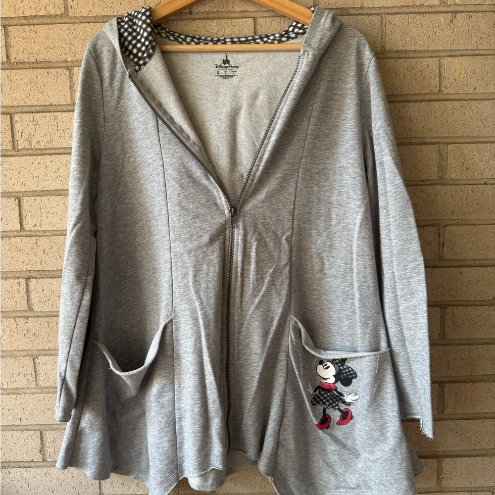 Disney Parks Gray Oversized Full Zip Hoodie Jacket Minnie Mouse Raw Hem Medium